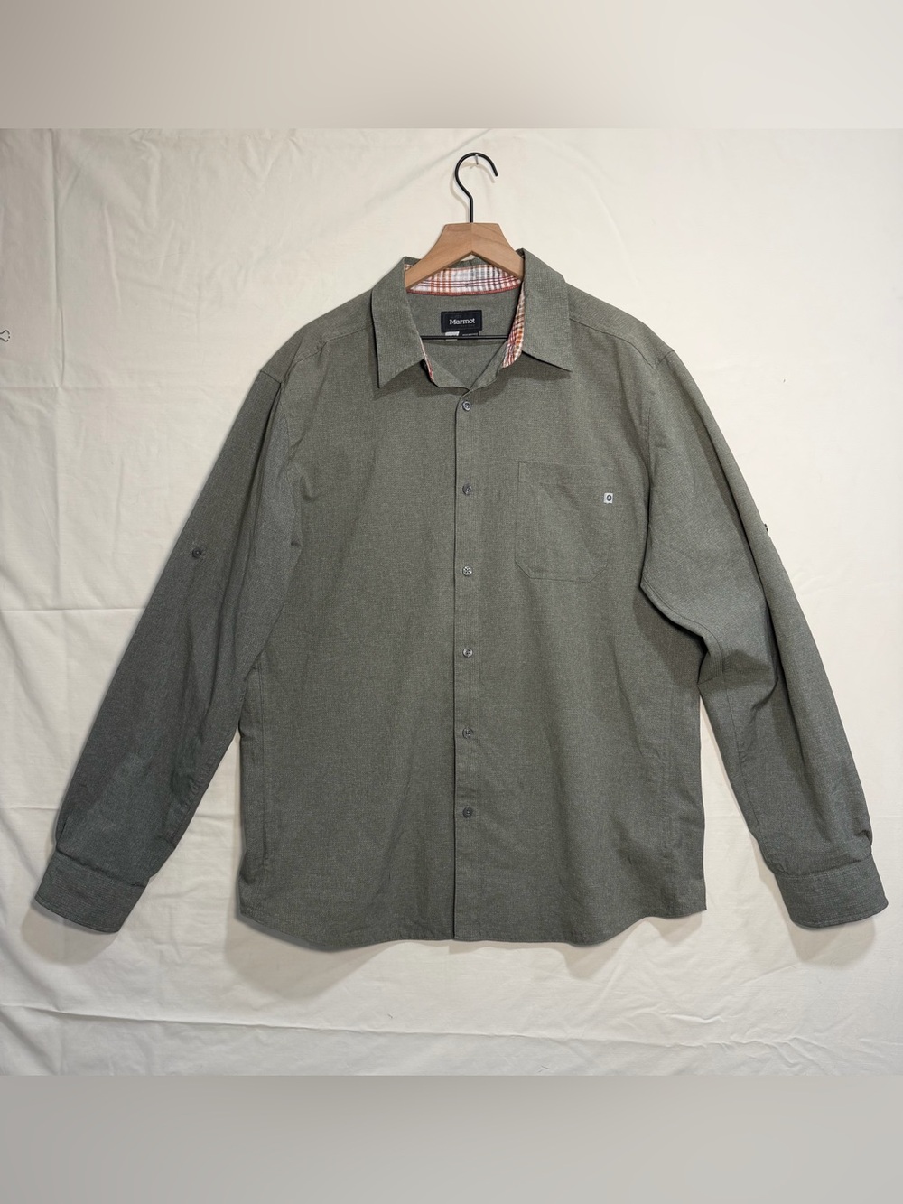 Marmot Men’s XL Outdoor Hiking Shirt Gray Green Roll Tab Long Sleeve